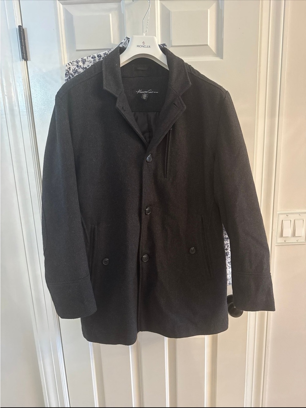 Kenneth Cole Black Men's Wool-Blend Pea Coat with Button Front